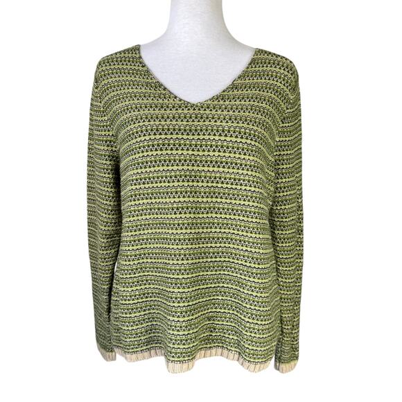 Christopher & Banks Retro Green & Tan Chunky Knit Cotton V-neck Pullover Sweater - Picture 1 of 13